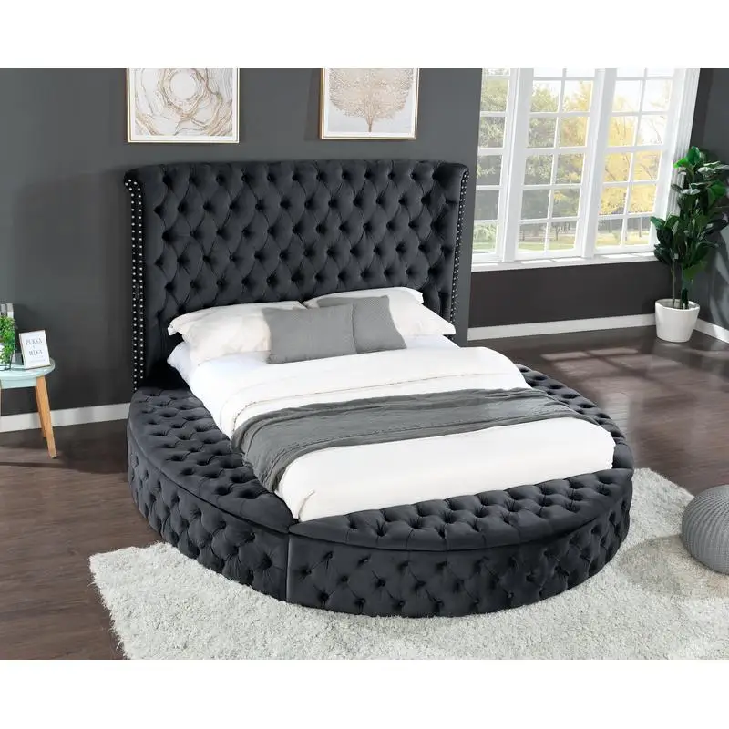 Queen Size Tufted Upholstered Storage Bed in Black Wood