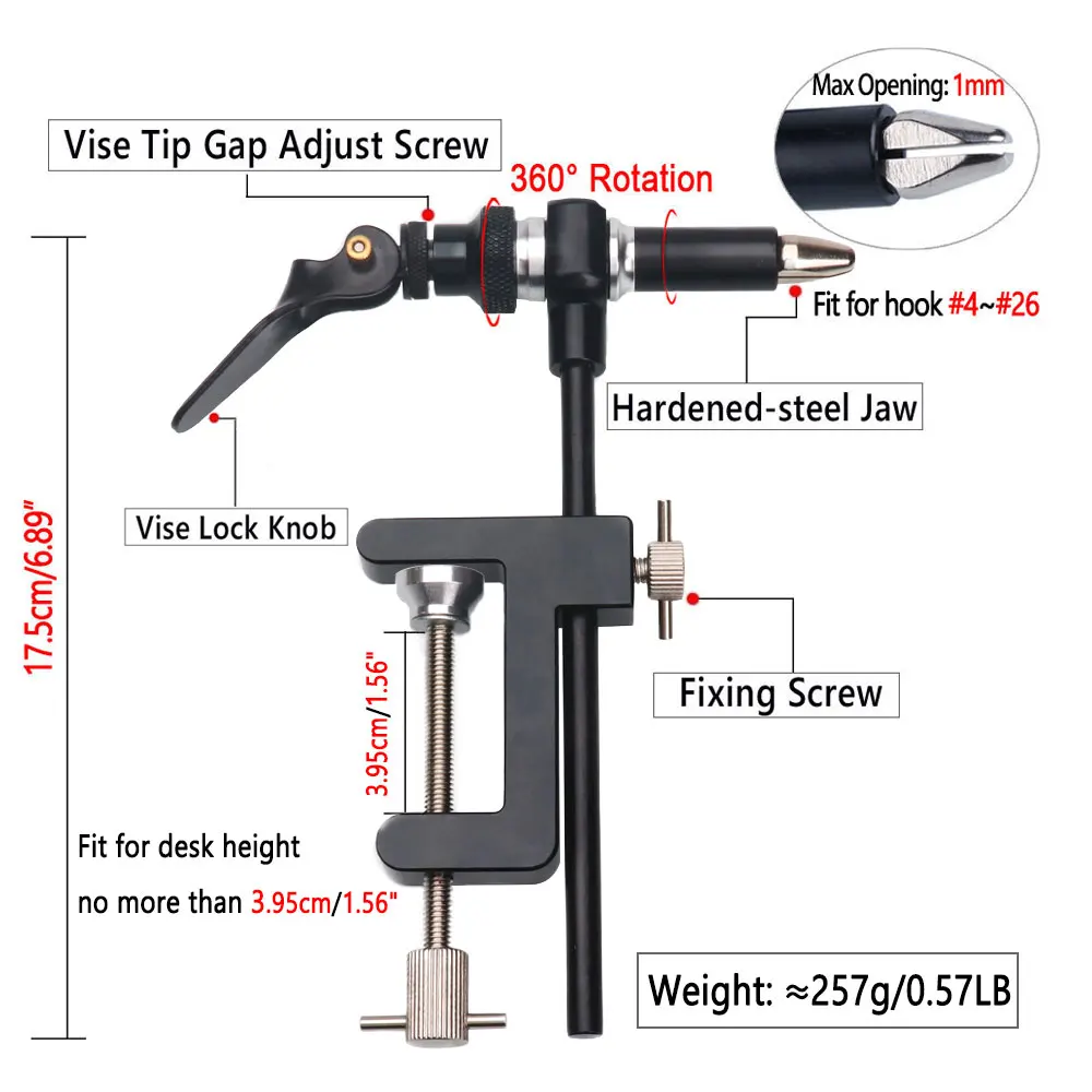 Bimoo 360°Rotation C-Clamp Fly Tying Vise W/ Hardened Steel Jaws 200D Thread Kit Bobbin Holder Threader Fly Tying Tool Kit