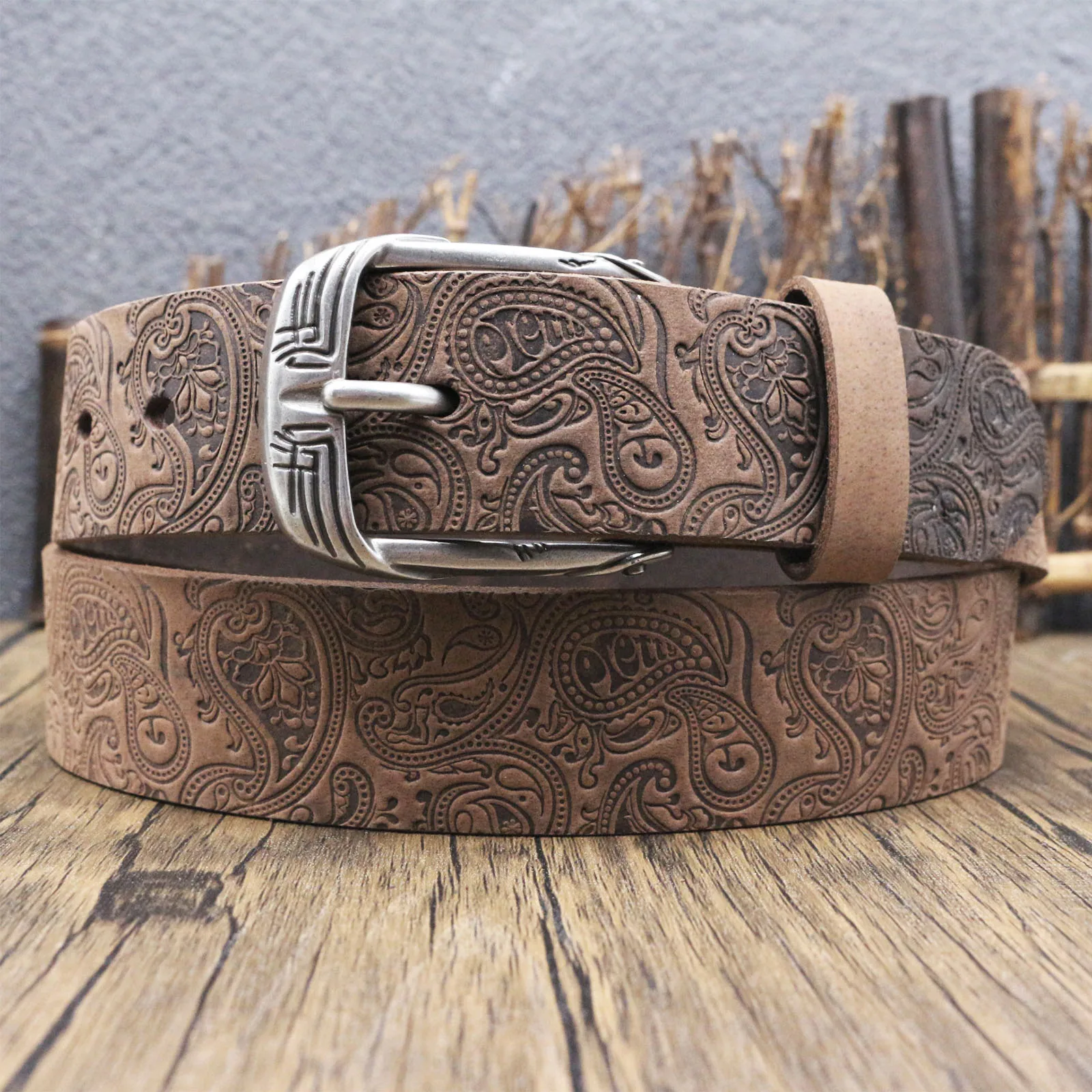 Men's Full Grain Leather Belt, Vintage Paisley Embossed Western Belt, Retro Engraved  Cowboy Waist Belt for Jeans Work Pants