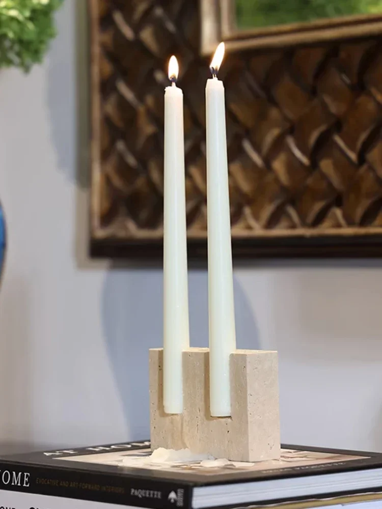 Marble Candlestick Holder for Wedding Dinning Party Vintage Travertine Stone Taper Candle Holder for Table Centerpiece 12*8*3cm