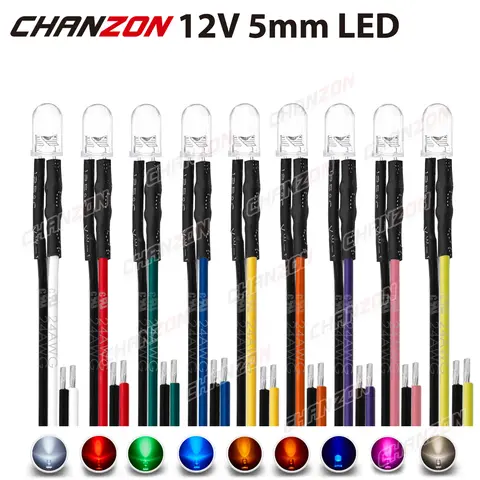 12V 5mm LED 다이오드 키트 따뜻한 흰색 빨간색 녹색 파란색 노란색 주황색 UV 보라색 분홍색 미리 배선된 5 9 12 V 발광 표시기 RC 램프
