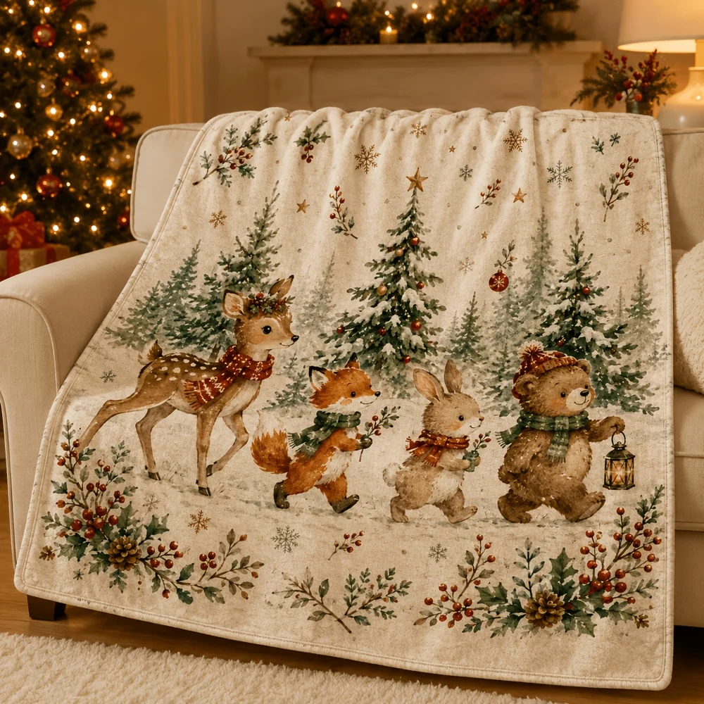 Fairy‑Tale Style Jungle Animal Christmas Throw Blanket, Soft Winter Bed Cover with Cute Animal Motifs, for Home, Sofa
