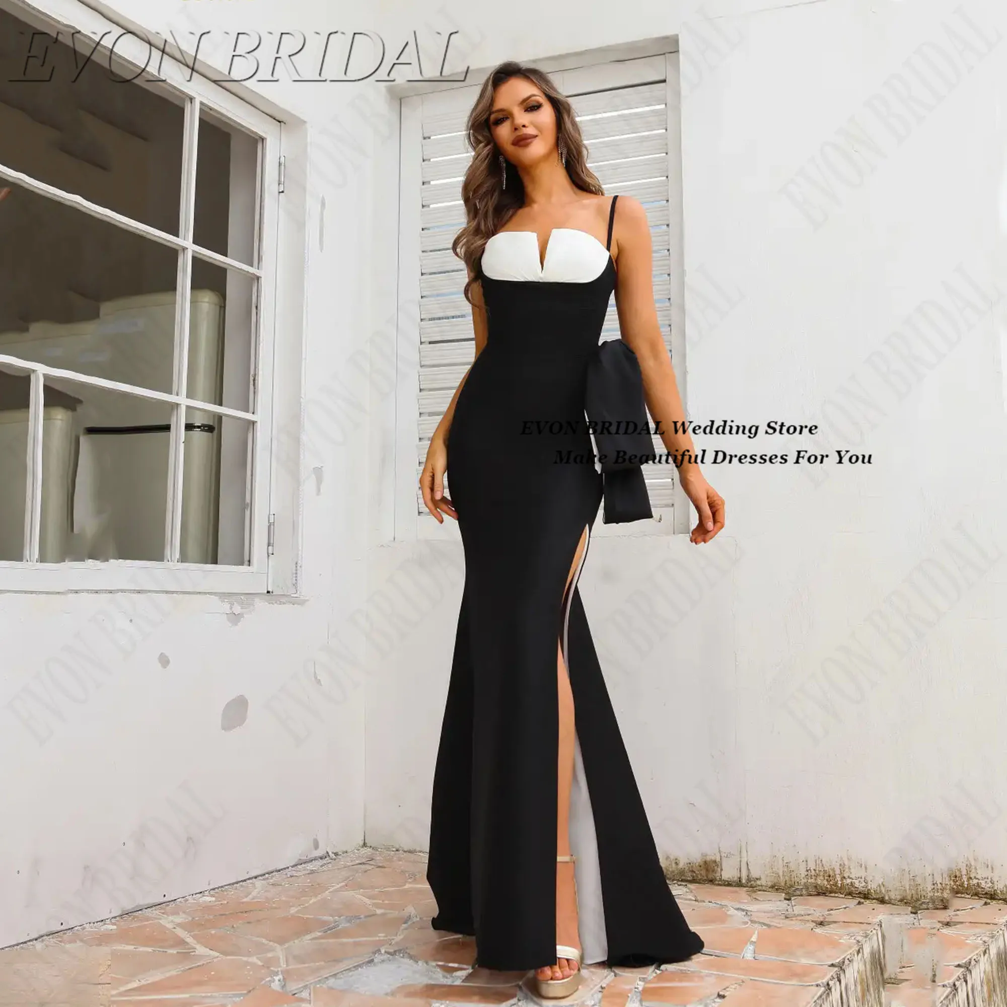 

Black And White Evening Dress For Women High Split Side Bow Party Prom Dress Customized فساتين سهرات EVON BRIDAL
