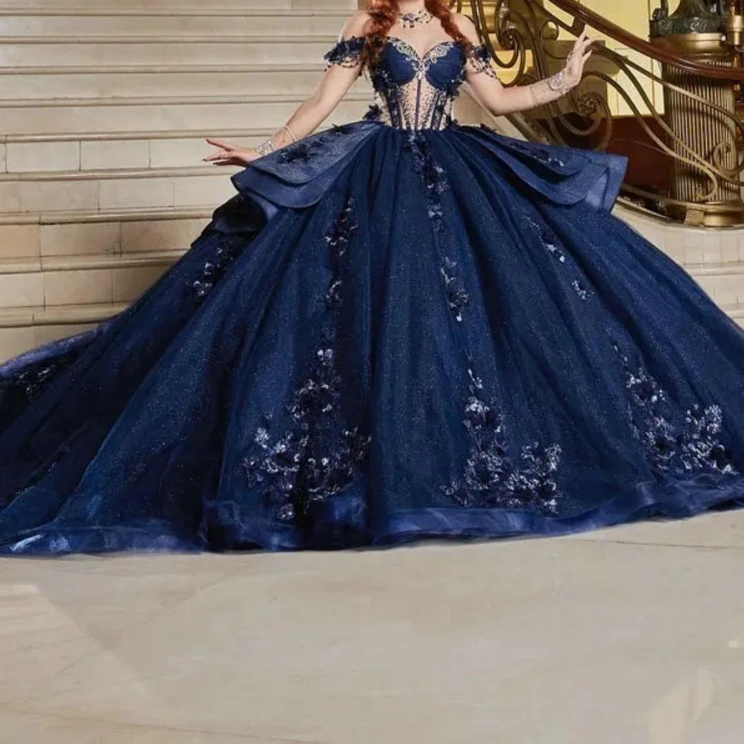 Customized Mexican Navy Blue Women Birthday Party Dress Prom Occasion Off Shoulder Illusion Flower Puffy Sweet 15 16 Quinceanera