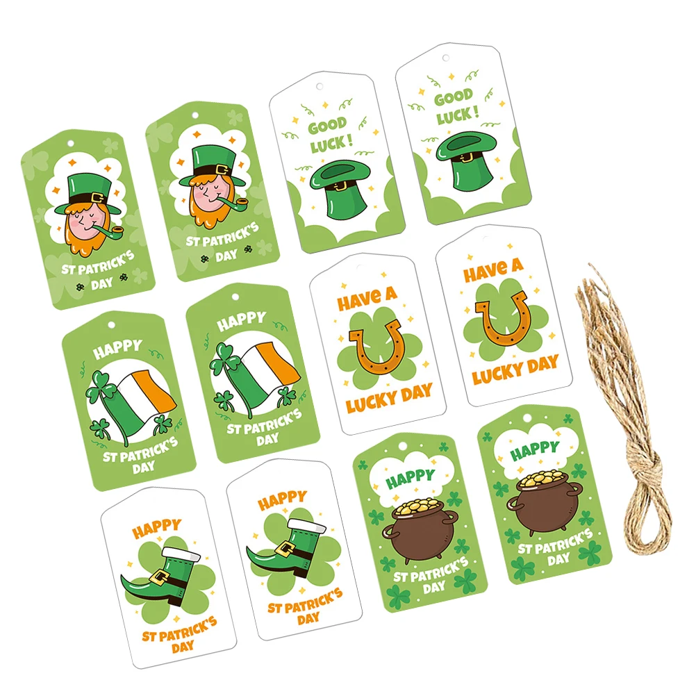 

12Pcs St Patrick's Day Shamrock Name Tags Labels Green Hanging Ornaments Irish Festival Decorations Wine Glass Tags