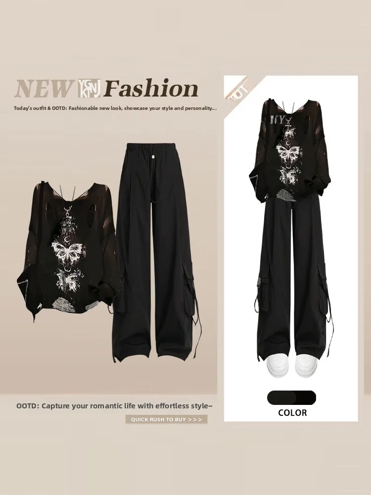 Black Workwear Style Long Sleeve Wide Leg Casual Pants Set Spring Summer Fashion Ensemble Slimming Effect Vintage Hole Design