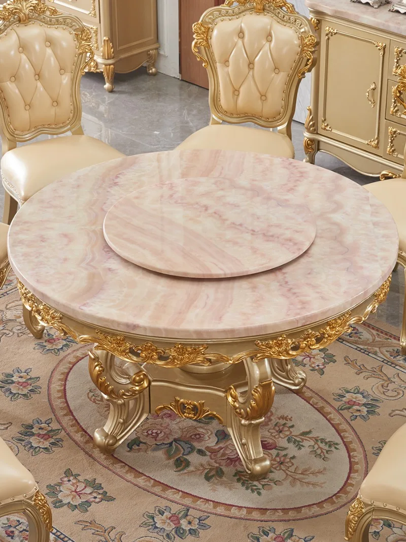 طاولة رخامية مستديرة من الخشب الصلب على الطراز الأوروبي مع طاولة طعام دوارة وكرسي مجموعة مطعم شامبانيا #5