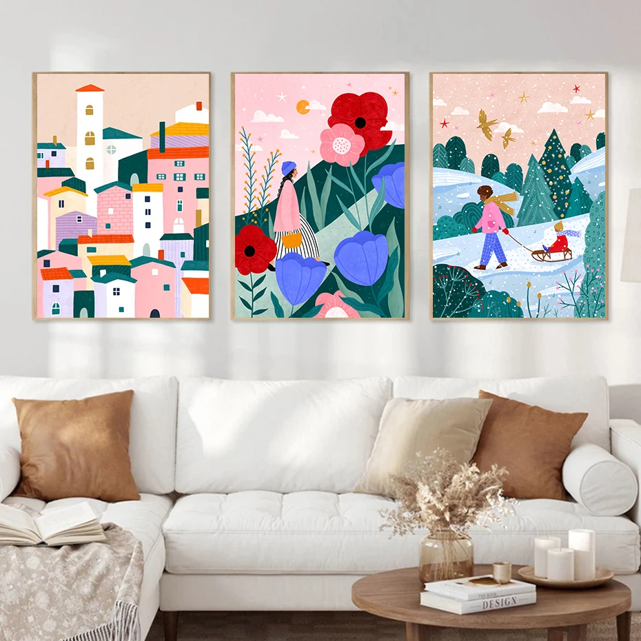 Girl with Dog Walk Forest Snowy Town Flower Ski Illustrated Landscape Poster Canvas Painting Print Living Room Art Home Decor
