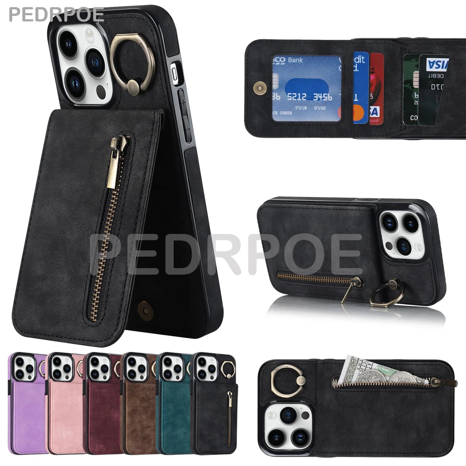 

Кожаный защитный чехол для iPhone 14 Pro Max 13 Pro 12 Mini 11 Pro Max X XR XS 7 8 Plus, роскошный кошелек с кронштейном на молнии, сумка для карт
