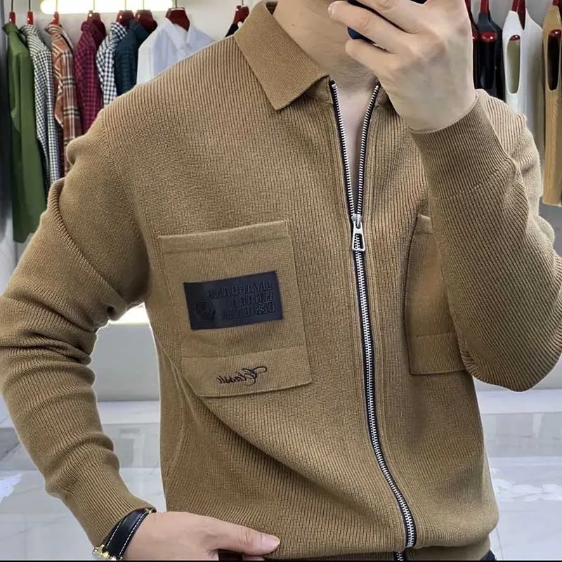 Fashion Lapel Zipper Spliced Pockets Embroidery Cardigan Sweaters Mens Clothing 2024 Spring New Loose Knitted All-match Tops