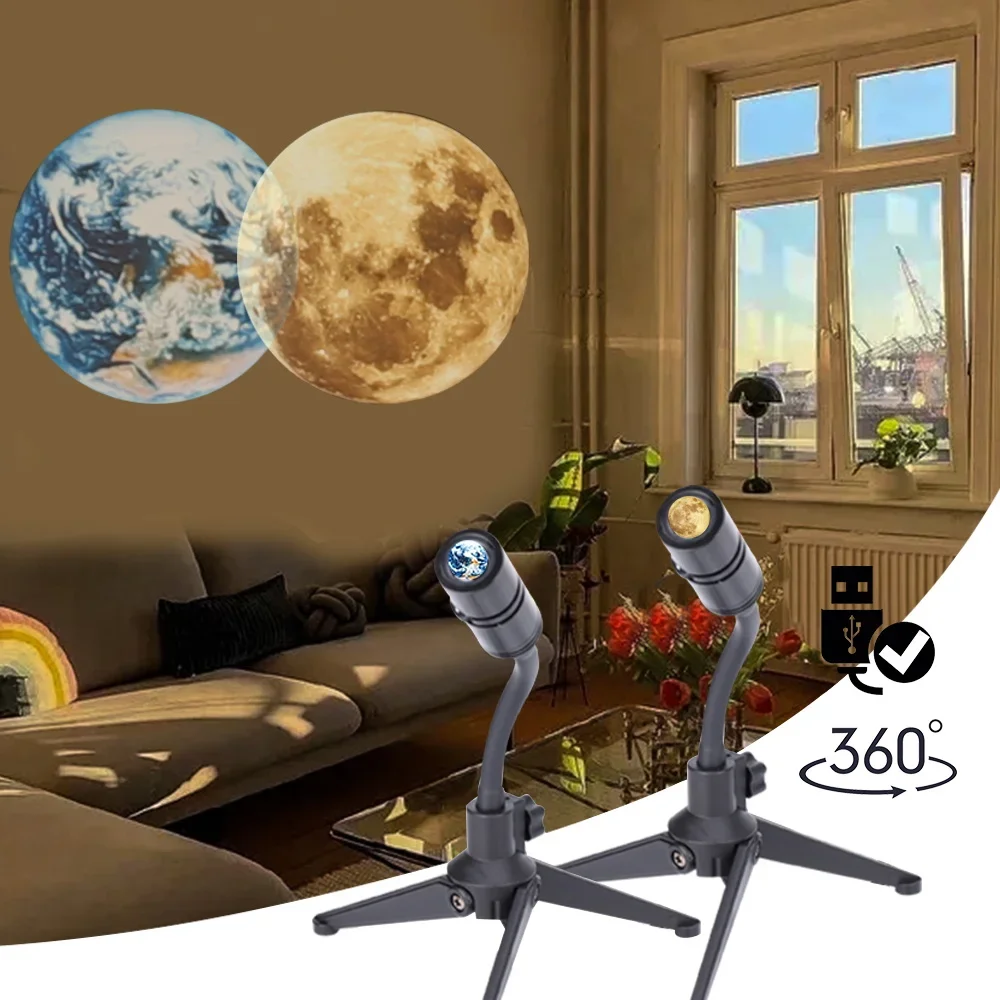 2 In 1 Earth Moon Projection Led Lamp 360° Rotatable USB Rechargeable Desk Lamp Rainbow Night Light for Kids Bedroom Decoration