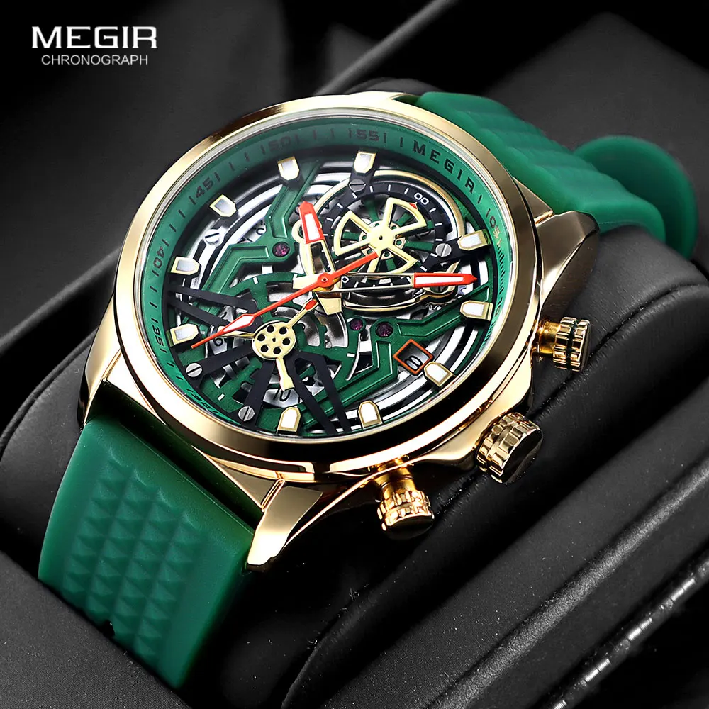 MEGIR Sport Quartz Watch Men Fashion Waterproof Chronograph Wristwatch with Date Olive Green Silicone Strap Luminous Hands 2235