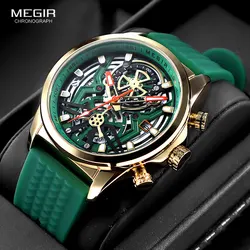 MEGIR Sport orologio al quarzo da uomo moda cronografo impermeabile orologio da polso con cinturino in Silicone verde oliva data lancette luminose 2235