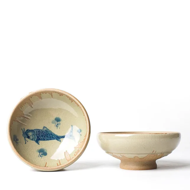 كوب سيراميك مرسومة يدويًا، طقم شاي بورسلين جينغدتشن باللونين الأزرق والأبيض، ماستر فيش كل عام