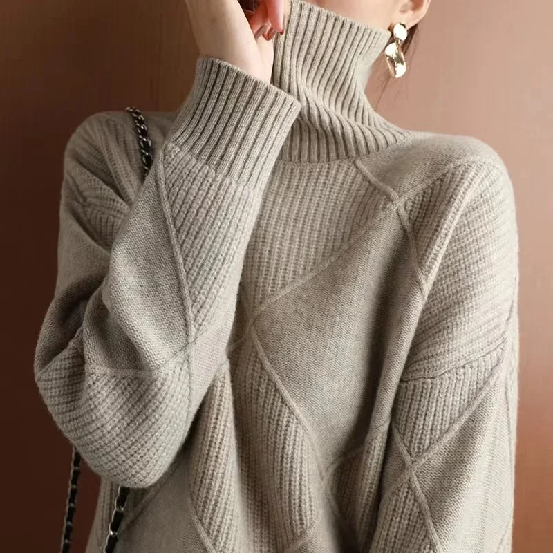 Spring Autumn Lazy Wind Knitted Bottoming Shirt 2025 New Casual Home Turtleneck Sweater For Women Loose Solid Warm Pullover Top