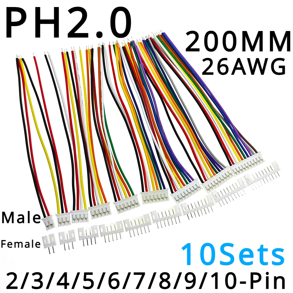 10Sets PH2.0 Mini Micro JST 2.0 PH Male Female Connector 2/3/4/5/6/7/8/9/10-Pin Plug With Terminal Wires Cables 200MM 26AWG