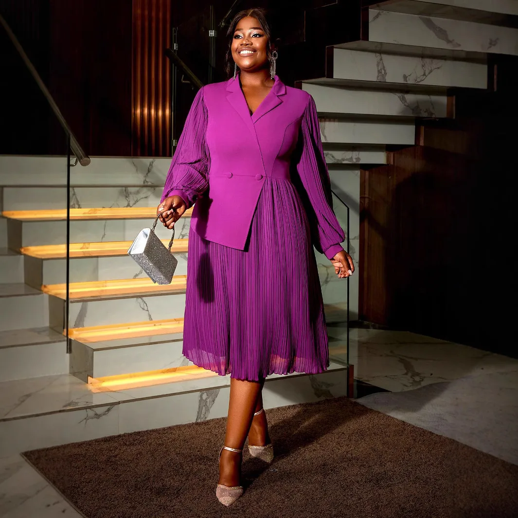 

Africa Clothing Midi Dress Purple Bubble Long Sleeved Mid Waist Asymmetrical Workwear Office Commuting OL Fashionable Dresses