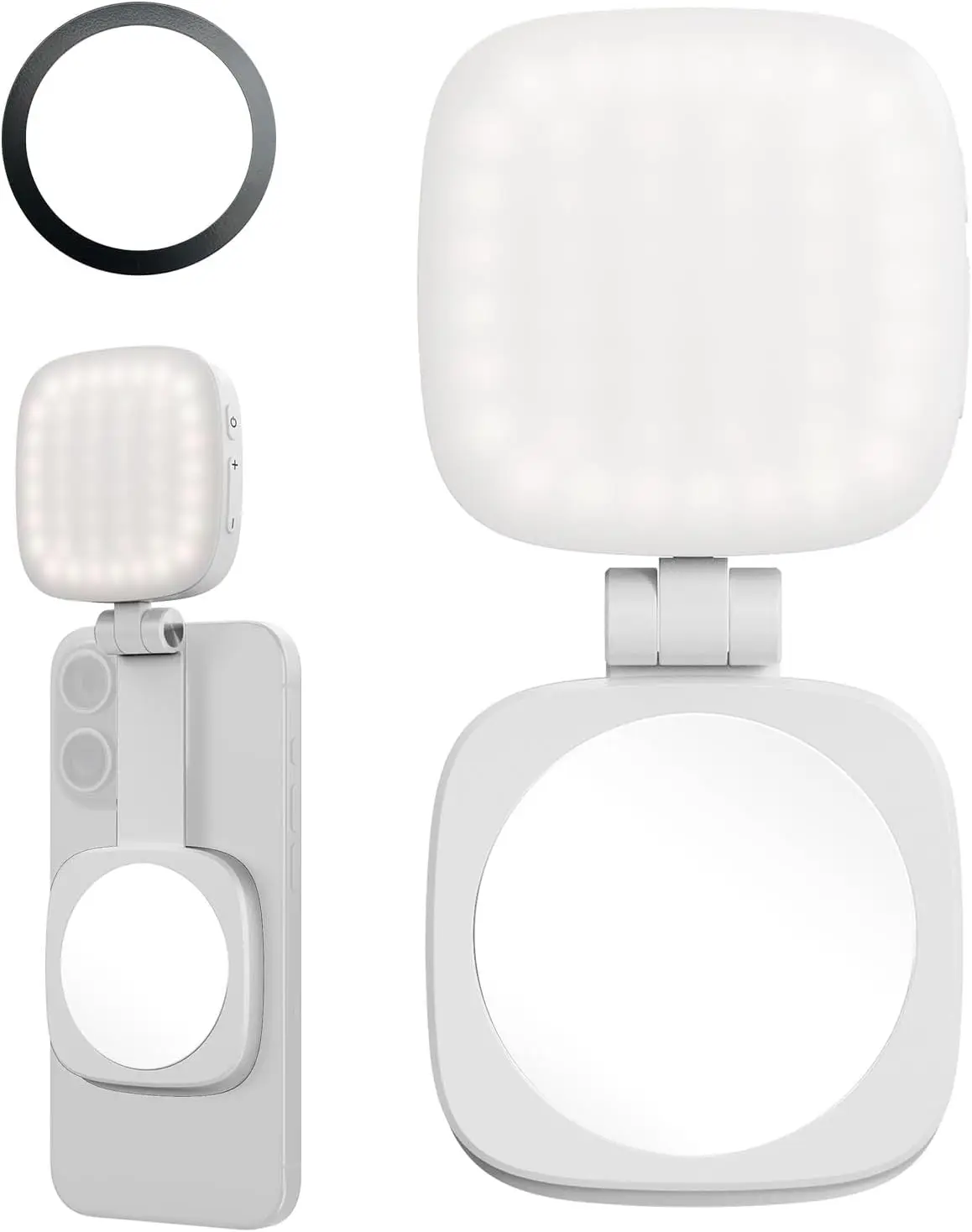 

Magnetic Selfie Light with Mirror for iPhone, 360° Fill Light, 5 Brightness Levels, 4 Color Temps, 90min Battery