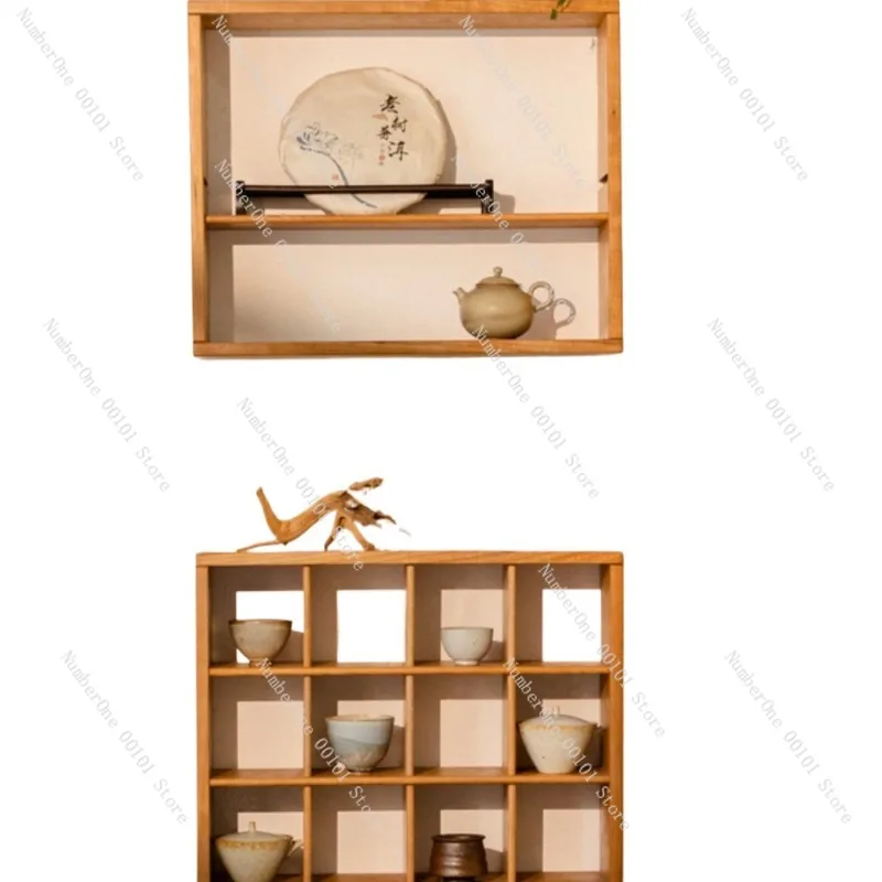 Massives Kirschholz-Gitterregal Echtes Holz-Displayregal Teetassen-Kaffee-Aufbewahrungsorganizer Teeraum Wandmontierter Doppelschichtiger Halter