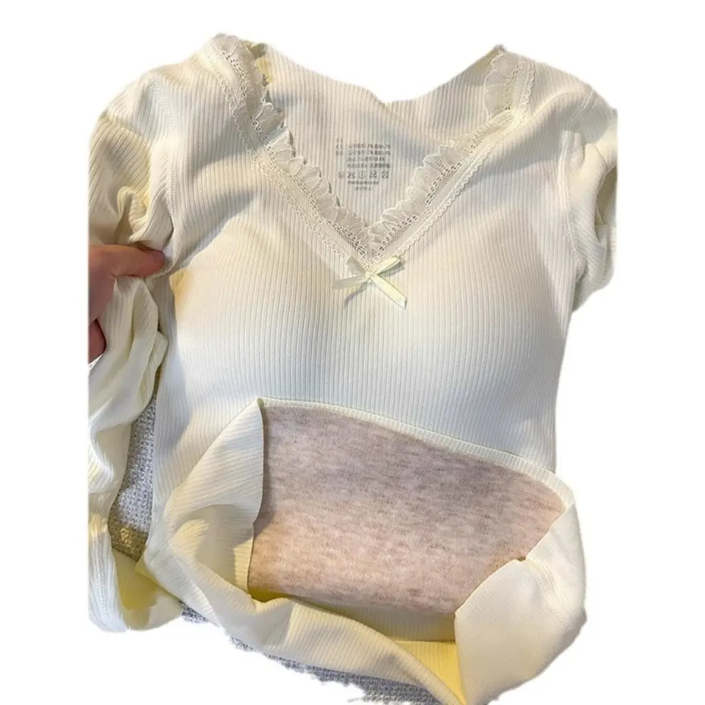 

Women's Lace V-Neck Padded Thermal Top Slim-Fit with Fleece Warm Base Layer for Autumn Winter Thickened T-Shirt