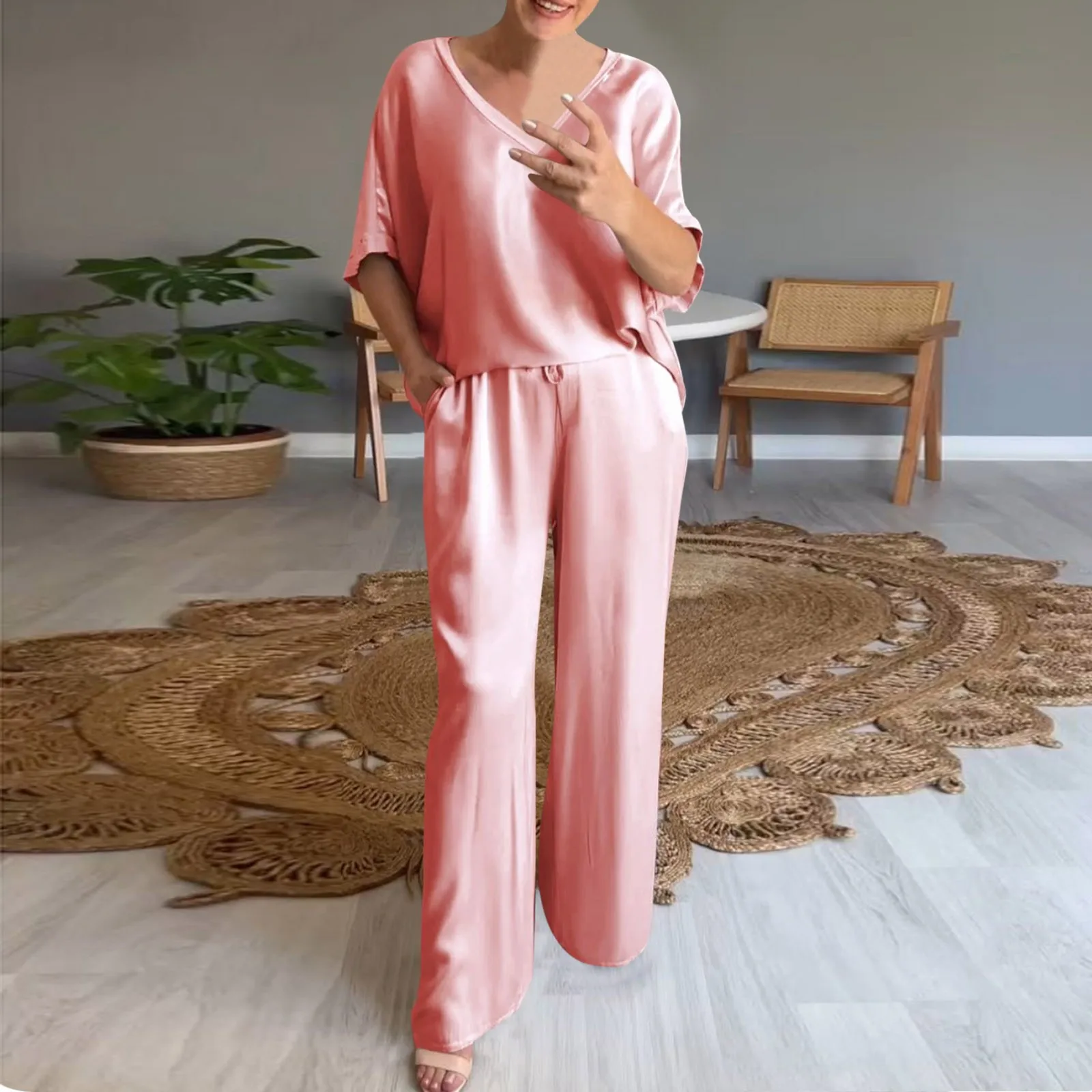 2024 New Elegant Solid Color Satin Women 2 Piece Outfit Casual Loose V Neck Top Wide-leg Pants Set