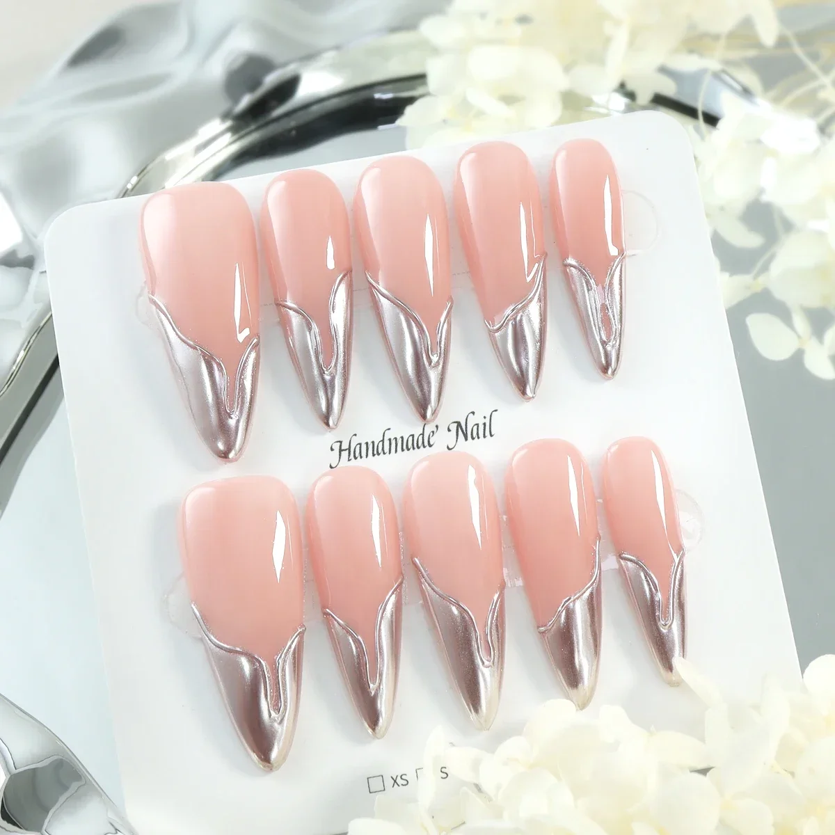 10pcs Handmade Long Almond Press-On Fake Nails Chrome Silvery Glossy Art Design Detachable Reusable Full Coverage Nail Tips