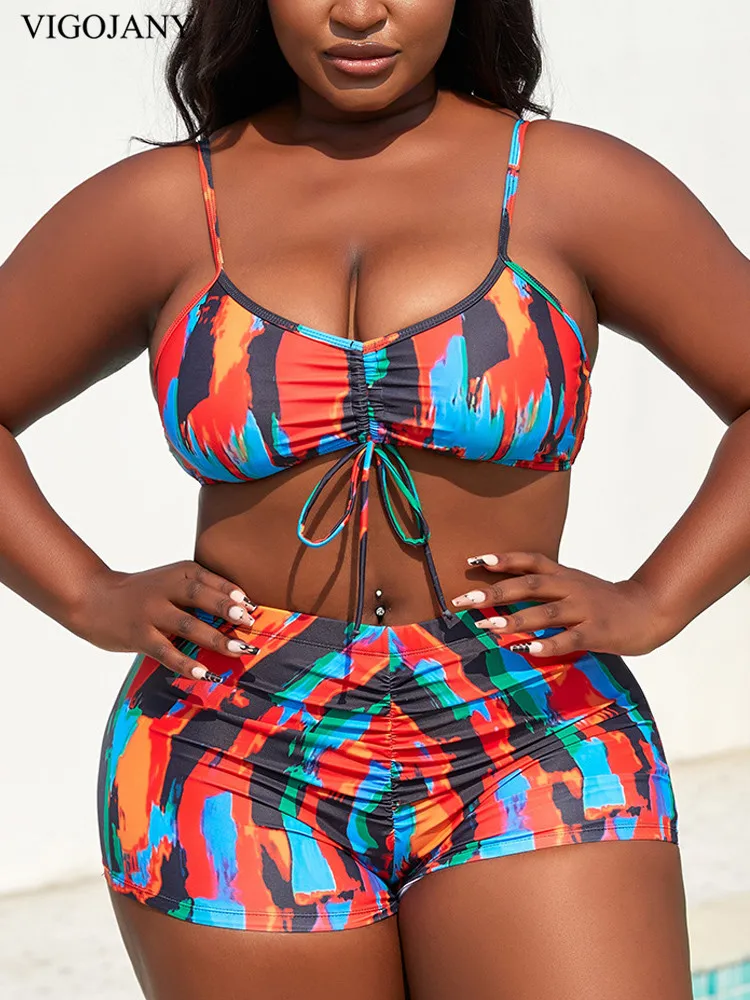 VIGOJOY − Bikini 3 pièces imprimé, maillot de bain en maille, fantastique, grande taille, taille haute, push-up, grand, potelé, pour la plage, pour les femmes, tendance 2025