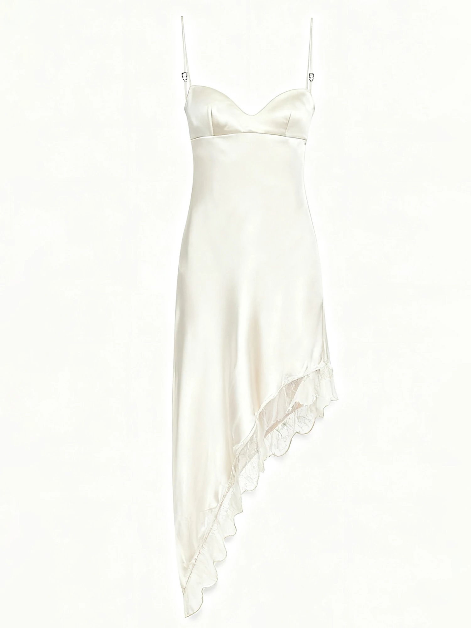 Women Lace Trim Cami Dress  Solid V Neck Spaghetti Strap Asymmetrical Babydoll Dress for Daily Party