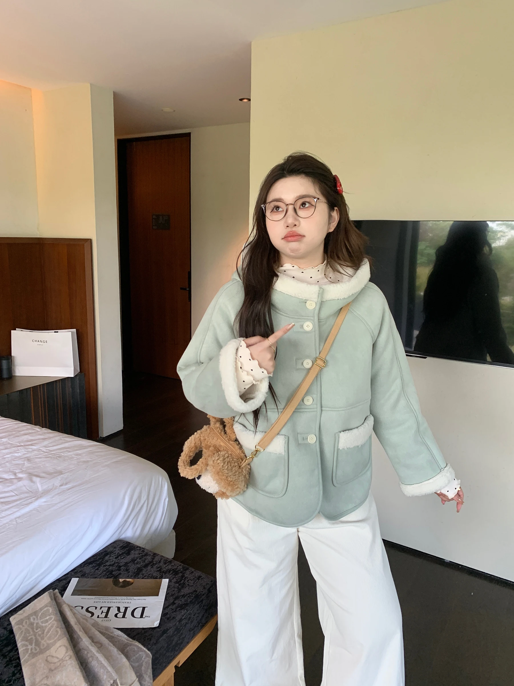 

Fce Lined Lamb Fur Jaet with Hat M5T6 Micro plus Size Salted Butter Sea Salt Suede eepskin Coat Women's Outerwear