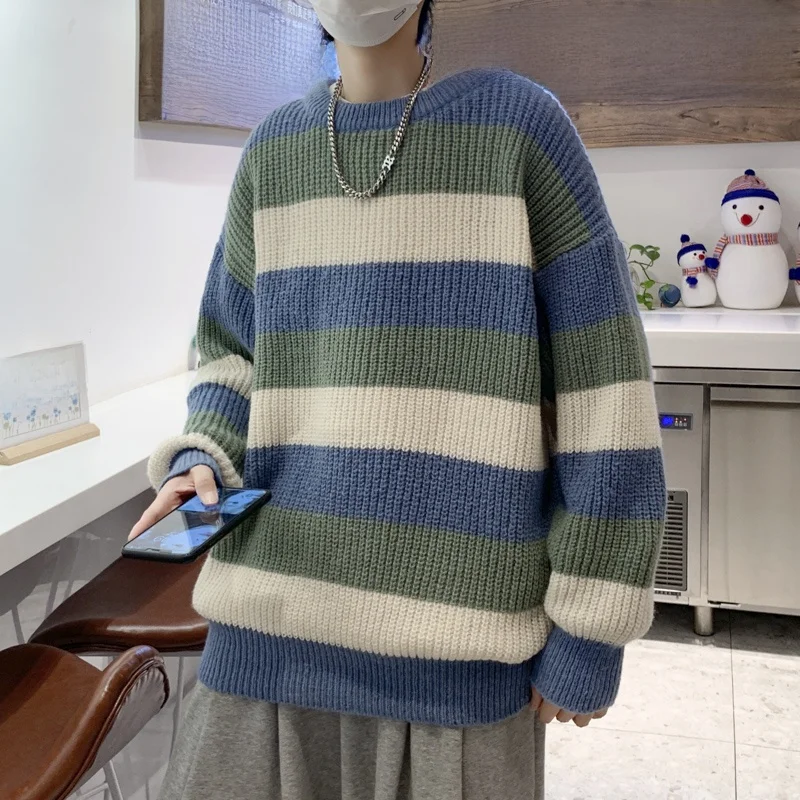 Caldo maglione lavorato a maglia da uomo autunno inverno vestibilità ampia rotondo Ne pullover retrò base a righe fibra di poliestere irt abbigliamento casual
