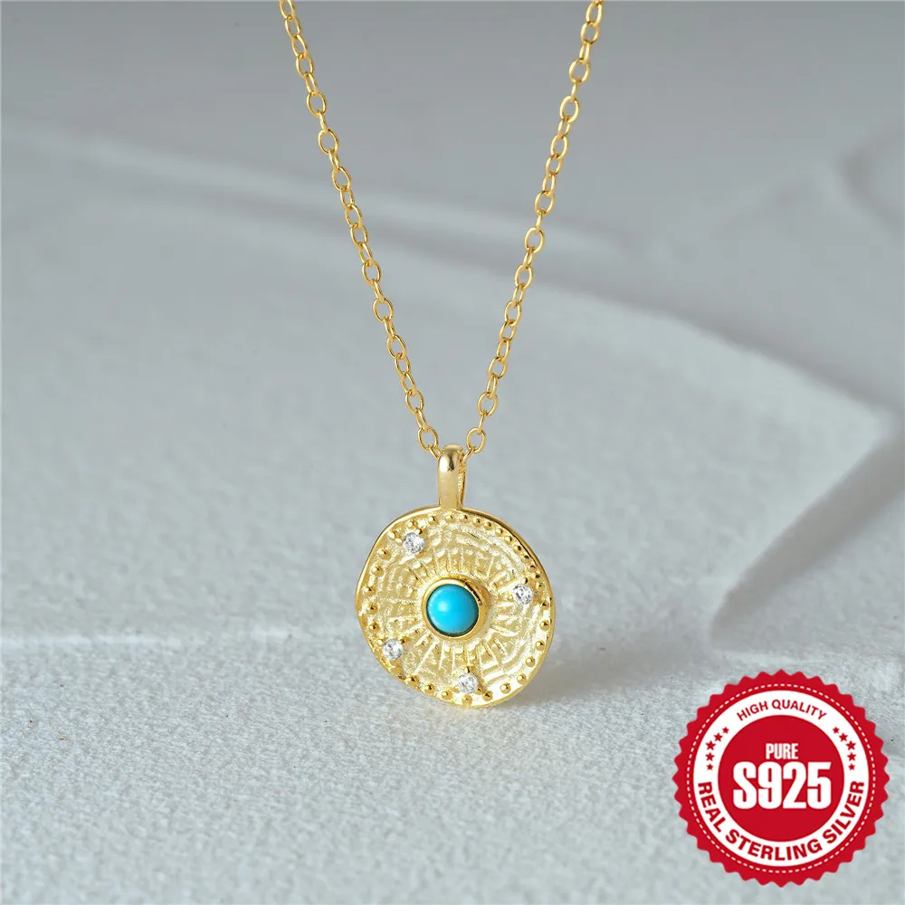 AIDE 925 Sterling Silver Turquoise Flower Fine Jewelry Round Zircon Pendant Necklaces Chain for Women Girl Gifts Collares Choker