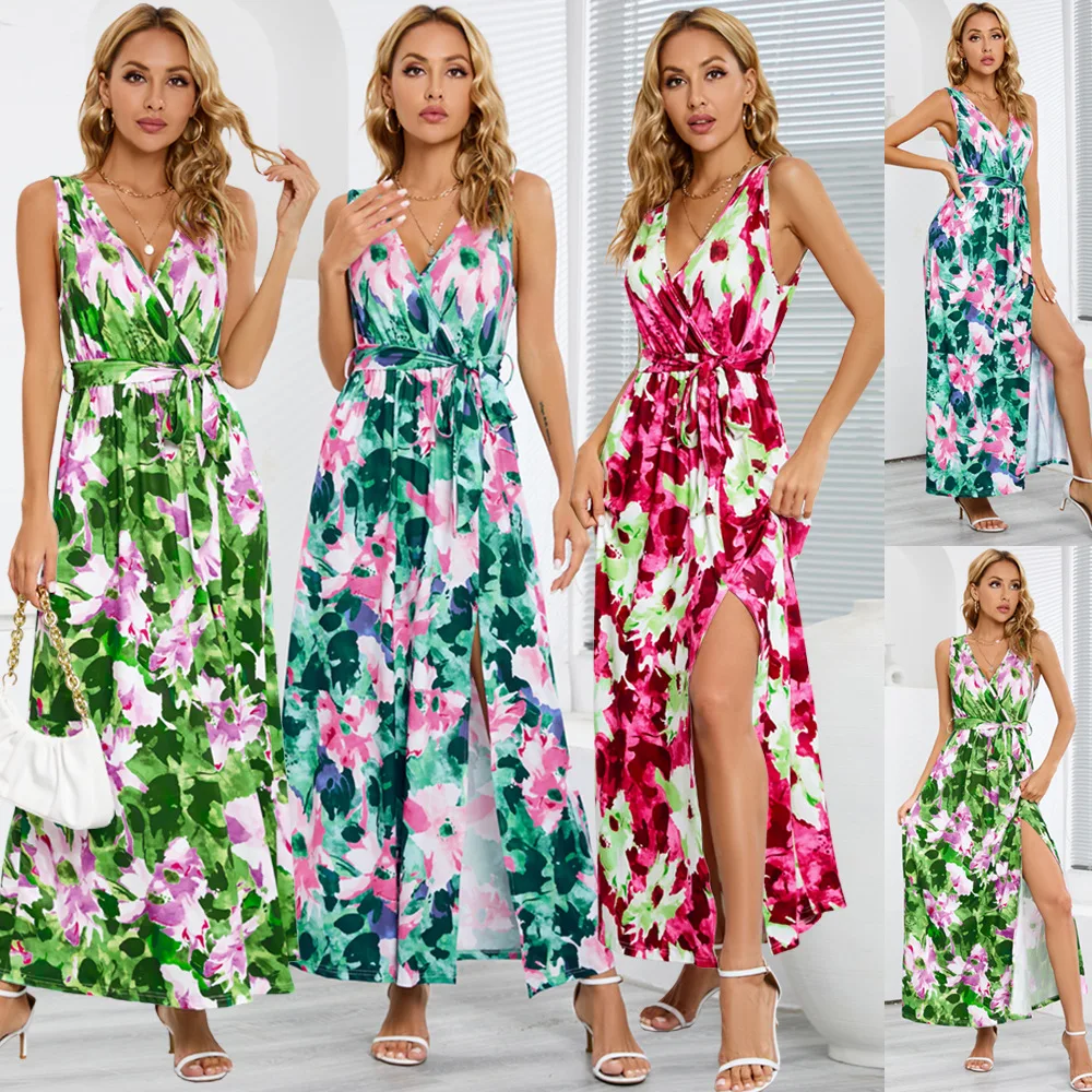 

Bohemian Print Long Skirt for Women Sleeveless V-neck Slit Dress