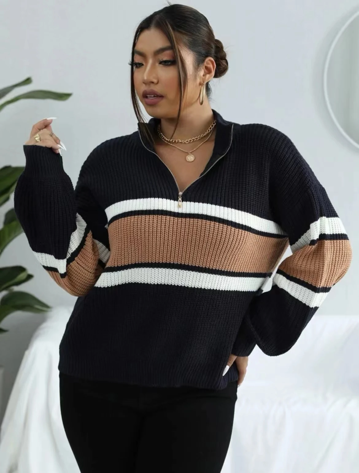 Stylish Striped Zip Up Sweater Casual Loose Long Sleeve Sweater Casual Tops For Fall & Winter Women\'s Clothing