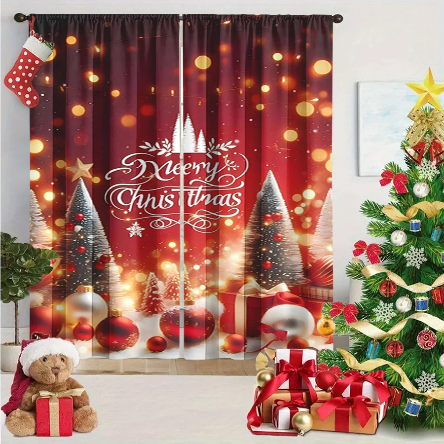2PCS Christmas Winter Curtains, Bokeh Merry Christmas Tree Gift Burgundy, Digital Print, Bedroom Living Room, Home Decor