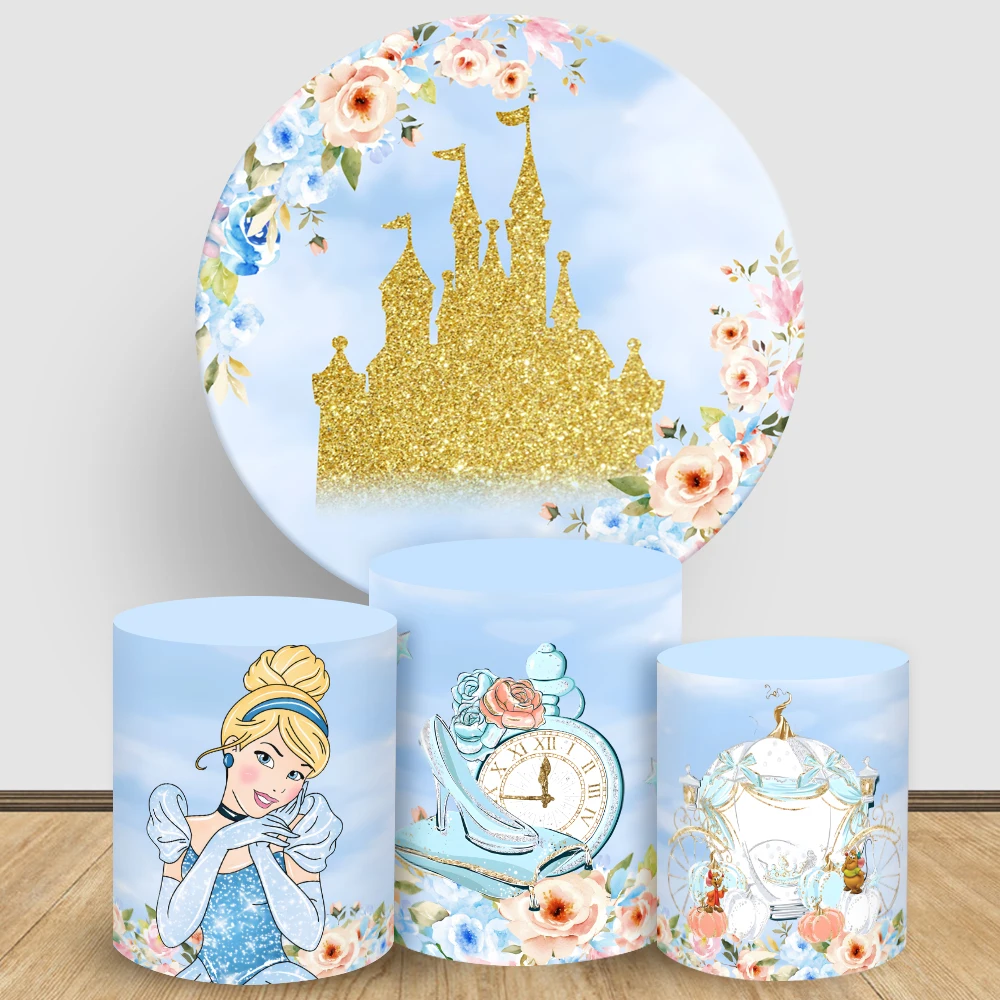 

Cinderella Round Backdrop Cover Disney Princess Cylinder Cake Tablecloth Cover for Girls Birthday Baby Shower Party Decorations