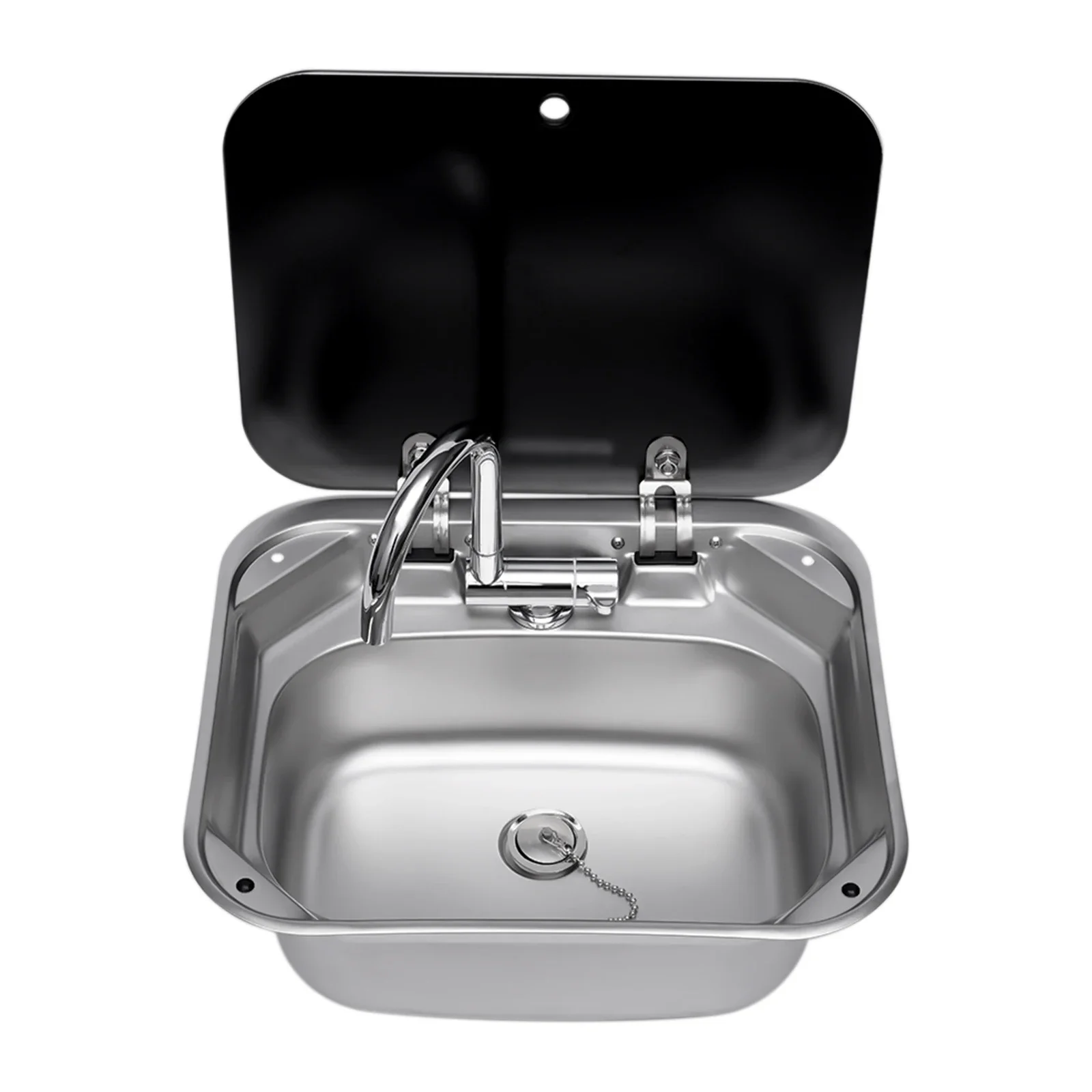Camping Car Sink, Kitchen Sink Kit Pump and Canister RV Folding Square Stainless Steel Hand Wash Basin with Tap+Lid, for Caravan