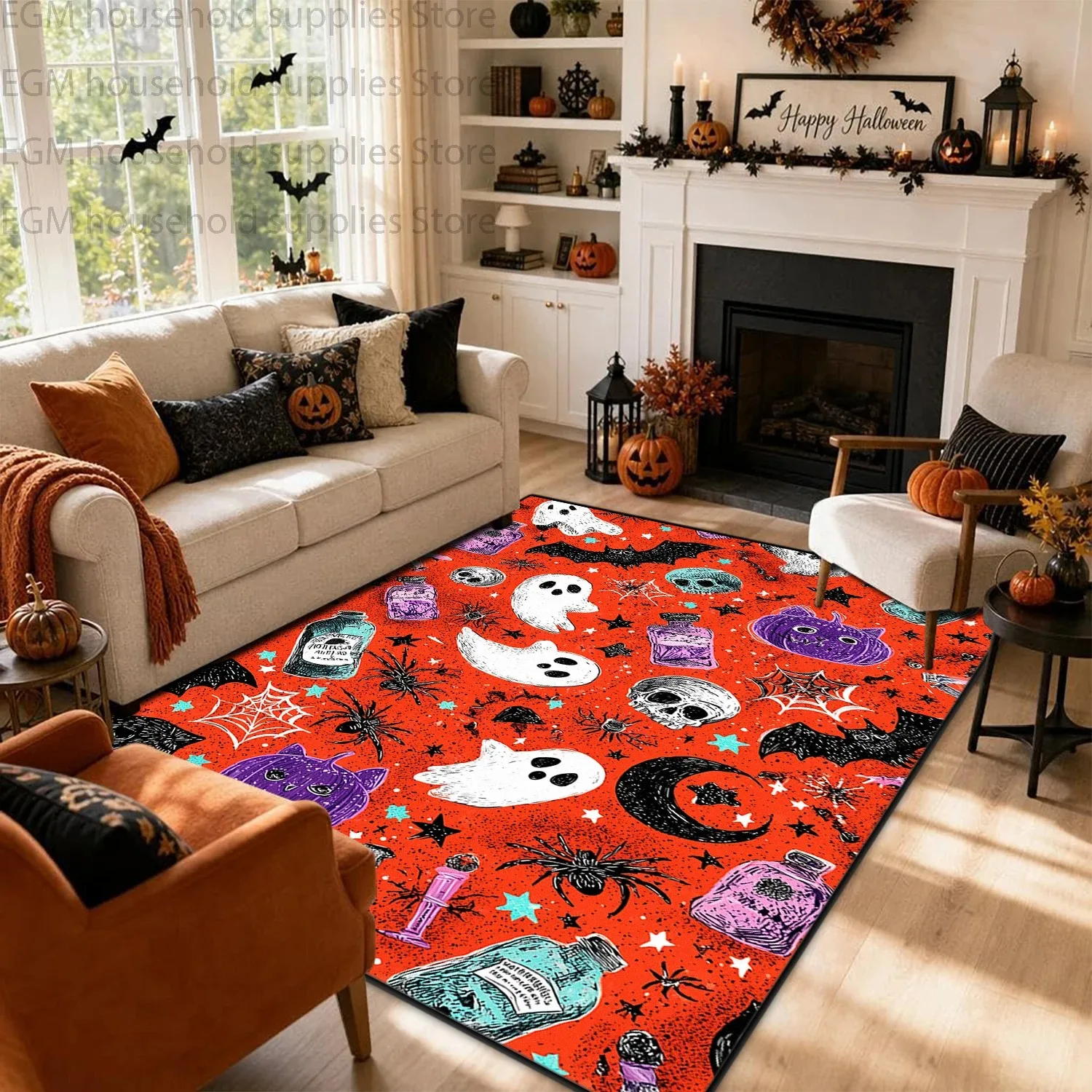 Spooky Ghost Pumpkin Print Carpet Halloween Home Decoration Washable Large Rug for Living Room Non‑Slip Indoor Bedroom Floor Mat