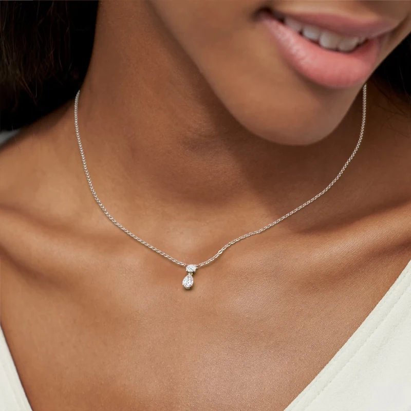 Women's Two-Stone Moissanite Pendant Necklace 2.5ct Pear & 1.0ct Round Cut Dainty Copper Necklace with Adjustable 45+5cm Chain I