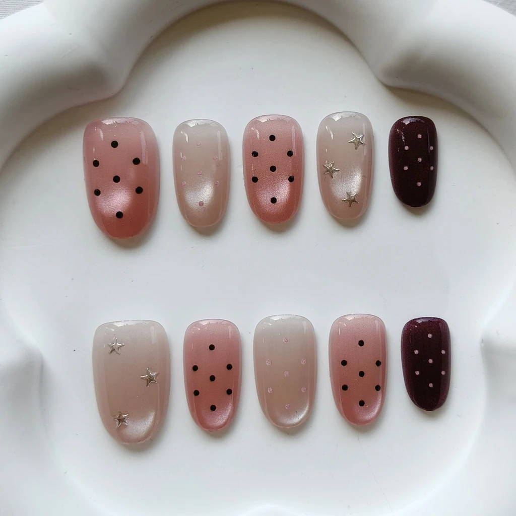 10 Uds. Adhesivos de Uñas Postizas Reutilizables con Diseño de Estrellas y Puntos Dorados, Estilo Francés, Efecto Ojo de Gato, Forma Almendrada Corta