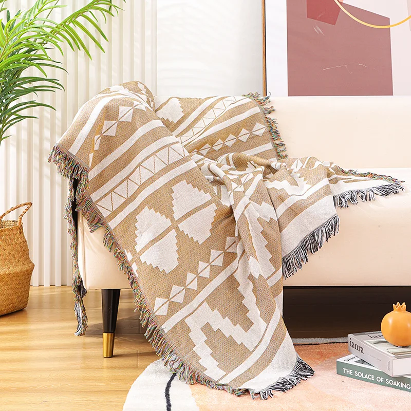 Bohemian Rustic Geometric Pattern Woven Throw for Sofa Couch Chair Two-sided Boho Throw Blanket with Fringe for Bed Home Decor