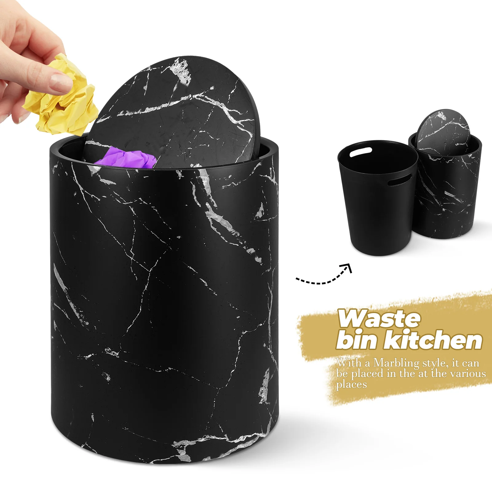 

Marbled Trash Can 2PCS Double Layer Swing Lid Garbage Bin for Kitchen Bathroom Office Thickened Plastic Waste Basket