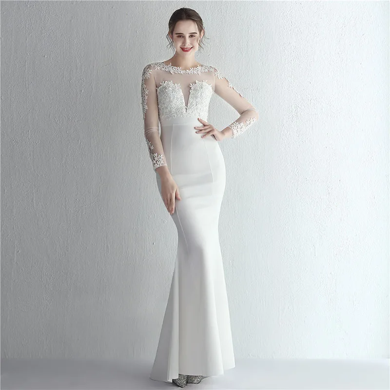 DongCMY Satin Pressed Diamond Lace Bridal Long Sleeve Modern Wedding Dress 2025 dinner Fishtail Elegant And Pretty Women's Gown