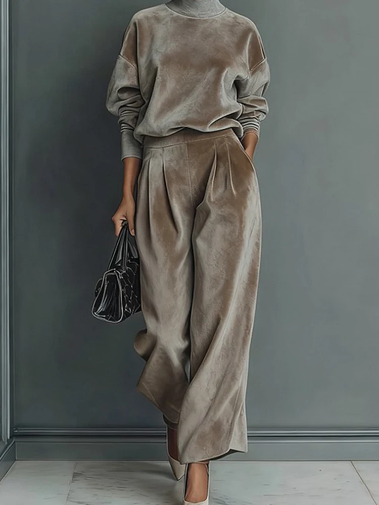 

Модные повседневные спортивные стильные золотые бархатные наряды, элегантные однотонные свободные женские костюмы для поездок на работу, осенне-зимние комплекты брюк с карманами