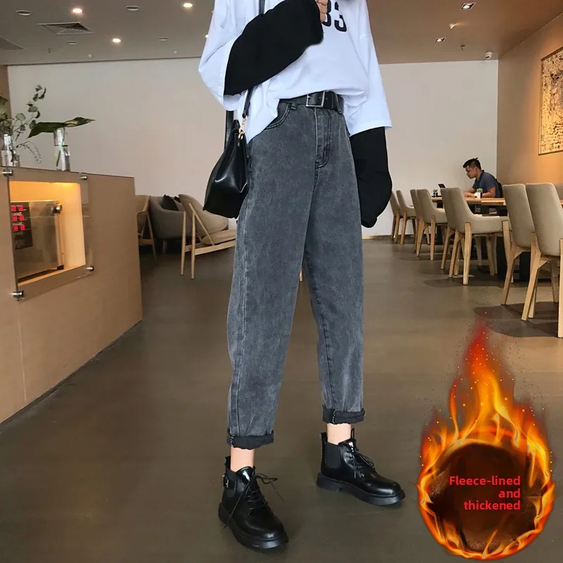 

Winter New plus Size Women's Loose Fit Fleece Lined Wide Leg Jeans High Waist Straight Dad Pants Thick Denim Zipper Closure