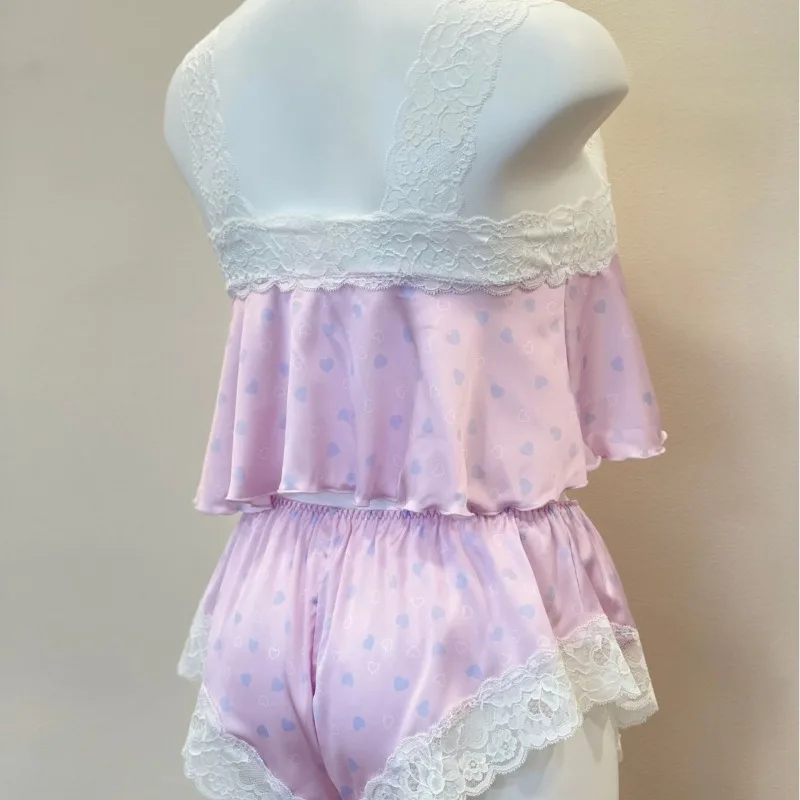 Vintage Pajamas Women's Sleepwear French Lace Pink Beauty Back Suspender Tops with Shorts Loungewear Two-piece Cool Set Thin