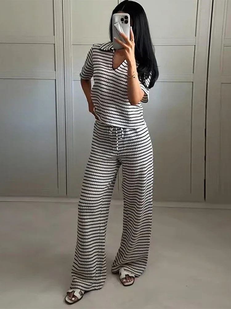 Casual malha listrado calças definir feminino casual solto gola polo camisa de manga curta cordão perna larga calça 2025 verão senhora terno