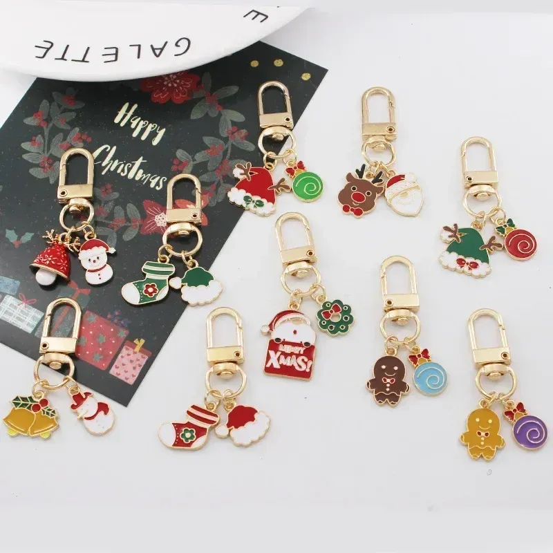  Christmas Keychain Cute Christmas Dress Up Tree The Elderly Small Bell Snowflake Hang Bag Pendant Key Chain Metal Keyring Gift 