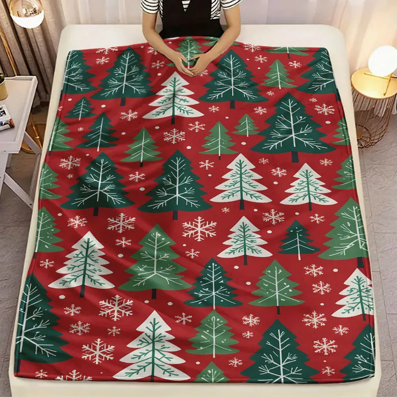 Minimalist Xmas Tree Snowflake Pattern Throw Blanket Red Base Two Tone Pine Repeat Print Winter Holiday Sofa Bedroom Decor Cover