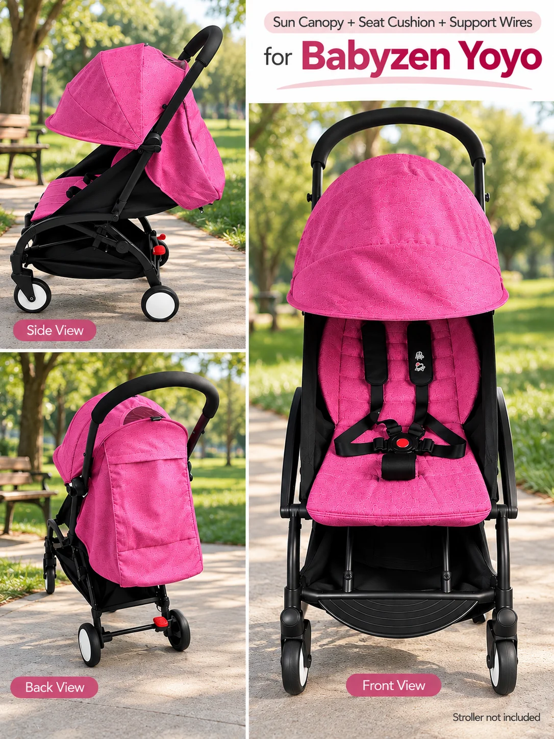 3 PCS/ SET- Baby Stroller Seat Cushion and Canopy with Iron Stent Set Compatible with Babyzen YOYO 2 and YOYO+, Pushchair Access