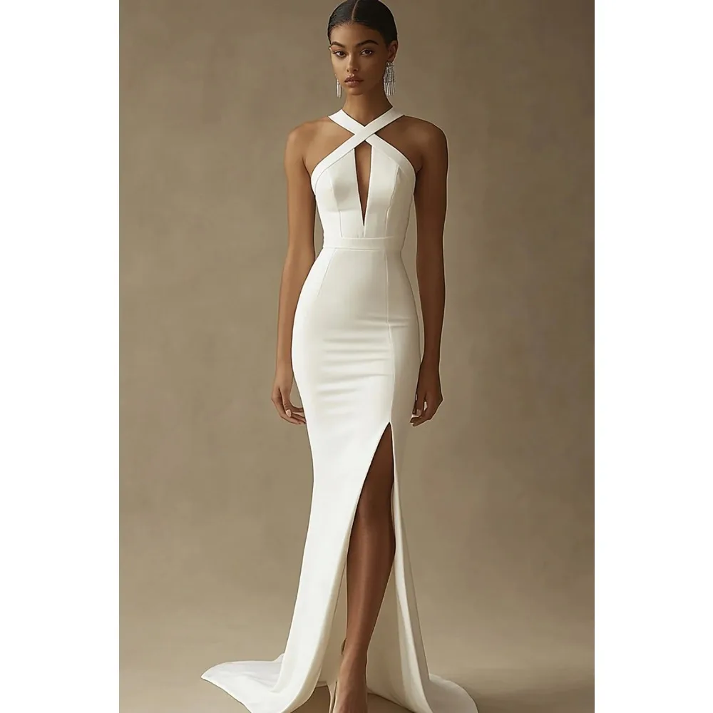 

Свадебные платья из крепа на заказ для невесты: высококачественные, с вырезом халтер, А-силуэт, сексуальные, с разрезом, недорогие, длиной в пол, простые